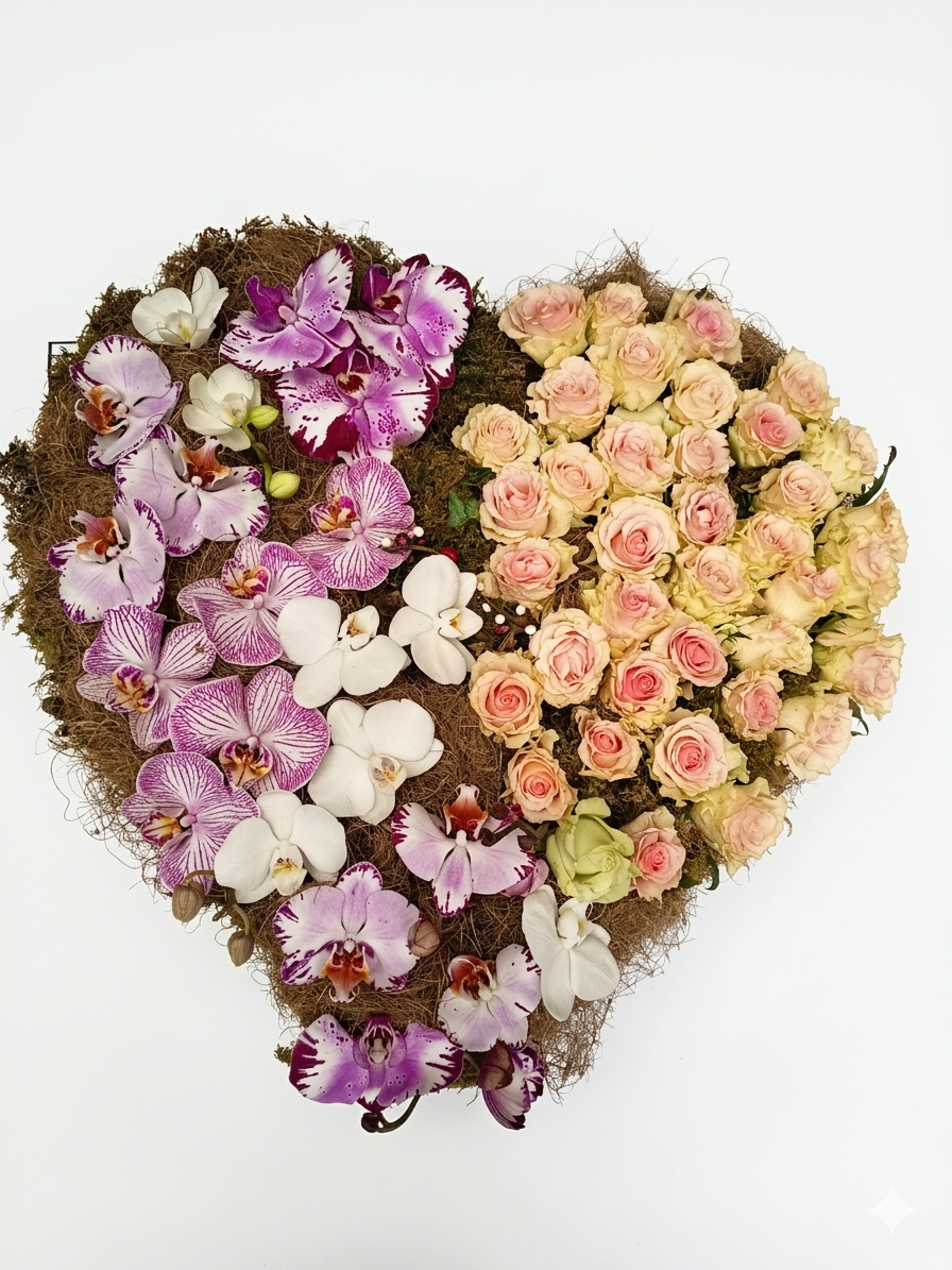 Cœur de fleurs de deuil avec orchidées et roses pour hommage